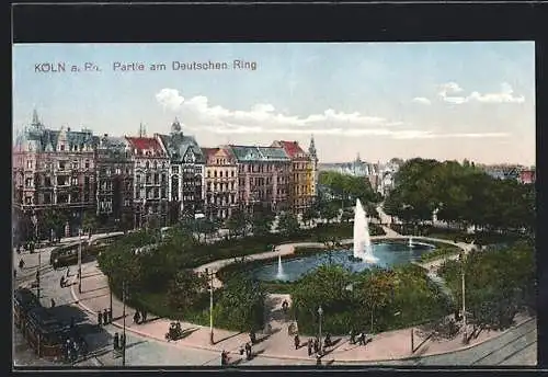 AK Köln a. Rh., Strasse Deutscher Ring mit Fontäne und Strassenbahn