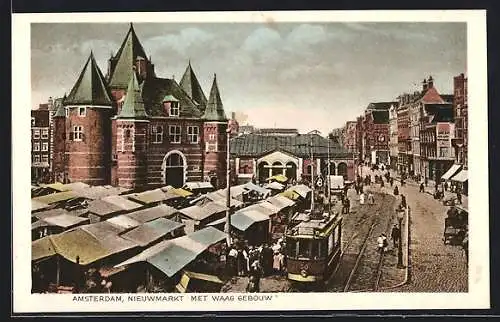 AK Amsterdam, Nieuwmarkt met Waag Gebouw, Strassenbahn