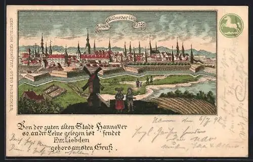 Lithographie Hannover, Teilansicht mit Windmühle im Jahre 1750