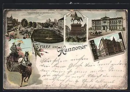 Lithographie Hannover, Ernst-August-Denkmal, Rathaus, Königswortherplatz und Herrenhäuser-Allee