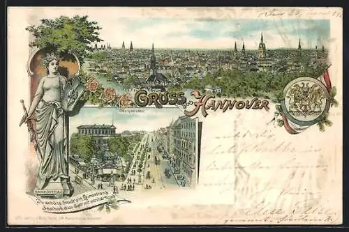 Lithographie Hannover, Generalansicht, eine Strassenbahn auf der Georgstrasse