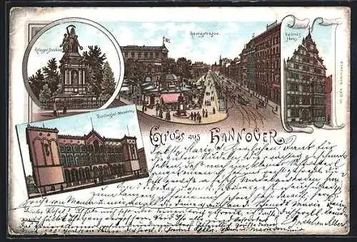 Lithographie Hannover, Georgstrasse, Leibniz Haus, Kriegerdenkmal, Provinzial-Museum um 1900