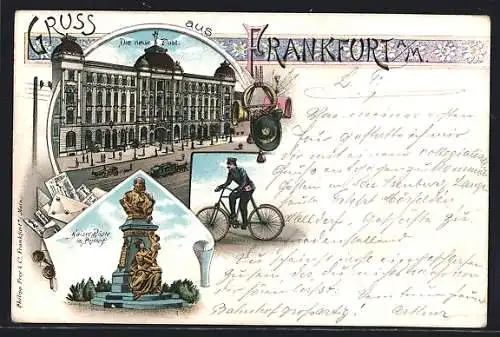 Lithographie Frankfurt /Main, Zeil mit neuer Post, Kaiser-Büste im Posthof