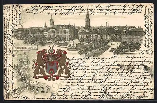 Lithographie Hannover, Friedrichswall und Altstadt, Ortswappen