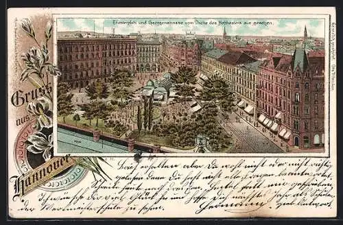 Lithographie Hannover, Theaterplatz un Georgenstrasse vom Dache des Hoftheaters aus gesehen