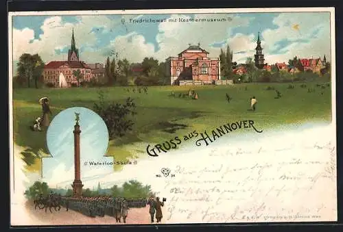 Lithographie Hannover, Friedrichswall mit Kestnermuseum, Waterloo-Säule um 1900