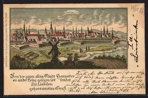 Lithographie Hannover, Teilansicht mit Windmühle 1750