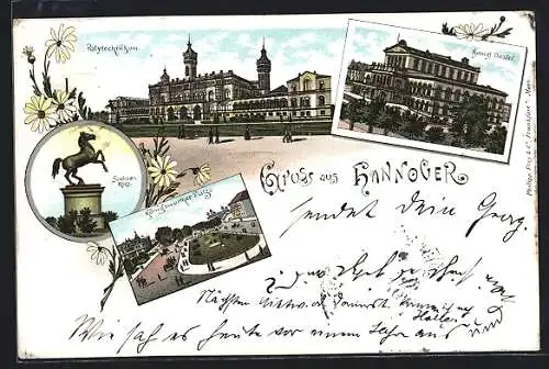 Lithographie Hannover, Polytechnikum, Königl. Theater, Sachsen Ross, Königsworther Platz