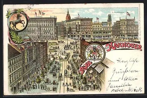 Lithographie Hannover, Karmarschstrasse, Gr. Packhofstrasse und Bahnhofstrasse mit Strassenbahnen und Passanten