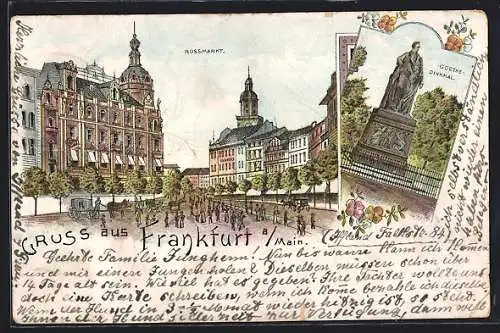 Lithographie Frankfurt a. Main, Rossmarkt, Goethe-Denkmal
