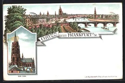 Lithographie Alt-Frankfurt, Teilansicht mit Dom und Brücke