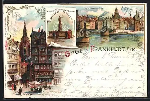Lithographie Alt-Frankfurt, der eiserne Steg, Marktplatz und Gerechtigkeitsbrunnen