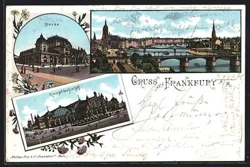 Lithographie Frankfurt /Main, Mainpanorama, Börse & Hauptbahnhof