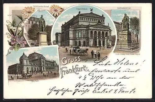 Lithographie Frankfurt /Main, Schillerdenkmal, Börse & Göthedenkmal