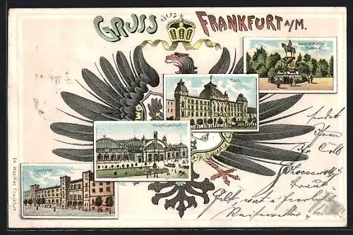 Lithographie Frankfurt a. M., Kaserne, Post, Hauptbahnhof