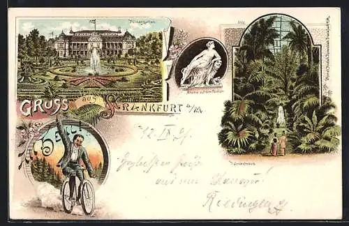 Lithographie Frankfurt-Westend, Palmengarten, Inneres Palmenhaus, Ariadne auf dem Panther