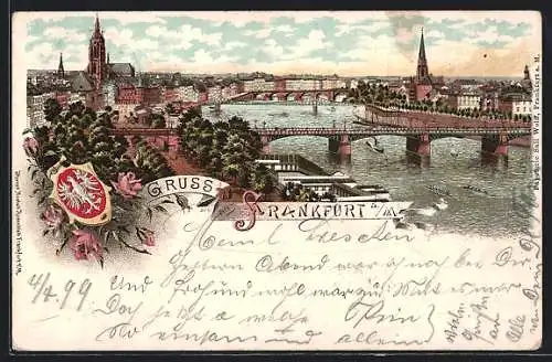 Lithographie Alt-Frankfurt, Ansicht der Stadt mit Dom und Brücke