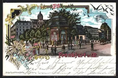 Lithographie Frankfurt /Main, Schillerplatz, Café Bauer, Reichspost