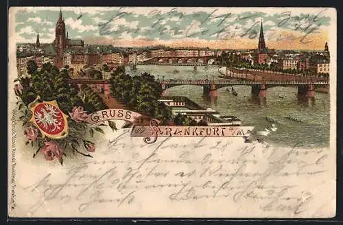 Lithographie Alt-Frankfurt, Ansicht der Stadt mit Dom und Brücke