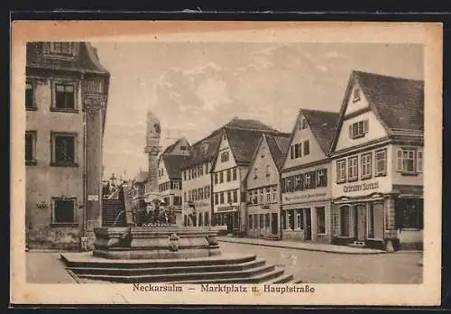 AK Neckarsulm, Hauptstrasse mit Geschäften und Brunnen am Marktplatz