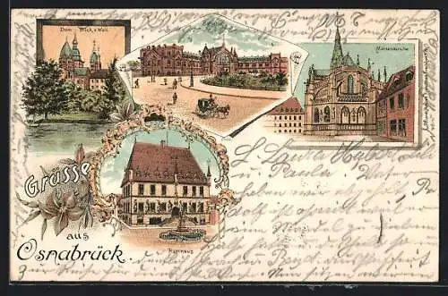 Lithographie Osnabrück, Bahnhof, Marienkirche und Rathaus