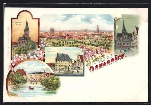 Lithographie Osnabrück, Hasepartie, Catharinenkirche, Rathaus, Marienkirche