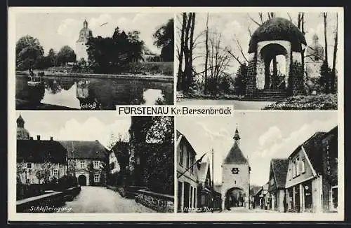 AK Fürstenau /Kr. Bersenbrück, Schloss, Schlosseingang, Ehrenmal und Kirche