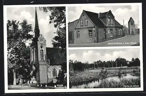 AK Eickeloh i. Hann., Geschäftshaus v. Paul Wiebe, Kirche, Partie im Bruch