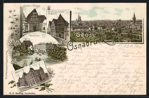 Lithographie Osnabrück, Gasthof z. Walhalla, Kaiserhof, Post, Ortsansicht aus der Vogelschau