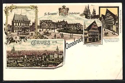 Lithographie Osnabrück, Gasthof zur Walhalla, Rathaus, Bahnhof