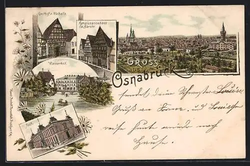 Lithographie Osnabrück, Totalansicht, Gasthof z. Walhalla, Renaissancehaus i.d. Bierstrasse, Post, Hasepartie