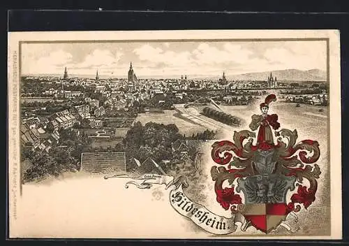 Passepartout-Lithographie Hildesheim, Teilansicht mit Kirche, Wappen