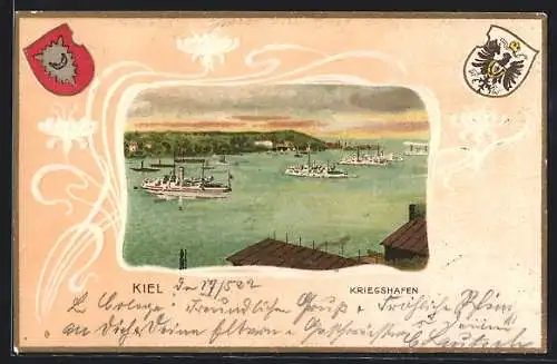 Passepartout-Lithographie Kiel, Wappen und Blick auf Kriegshafen