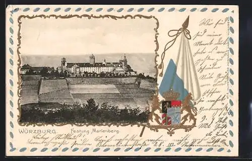 Passepartout-Lithographie Würzburg, Festung Marienberg, Fahne und Wappen