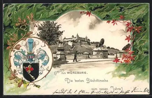 Passepartout-Lithographie Würzburg, Schloss mit Denkmal, Wappen, Neujahrsgruss