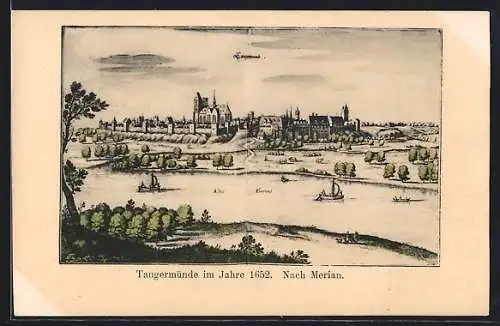 Künstler-AK Tangermünde, Teilansicht mit Kirche 1652 nach Merian