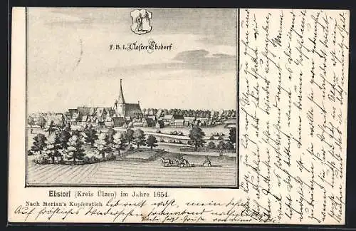 Künstler-AK Ebstorf /Kreis Ülzen, Teilansicht mit Kirche 1654 nach Merian