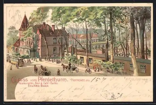 Lithographie Hannover, Gasthaus Pferdethurm, Strassenbahn