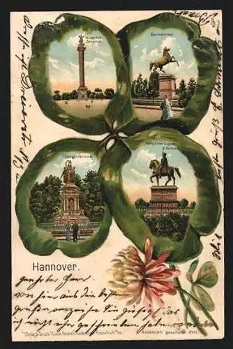 Passepartout-Lithographie Hannover, Waterloo Denkmal, Sachsenross, Kriegerdenkmal, König Ernst August Denkmal