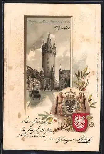 Passepartout-Lithographie Frankfurt /Main, Eschenheimer Turm, Strassenpartie, Stadtwappen