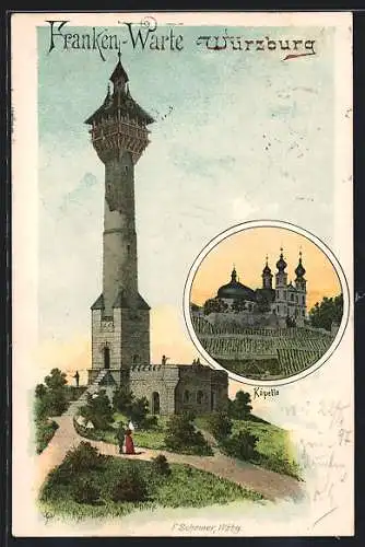 Lithographie Würzburg, Franken-Warte und Kapelle