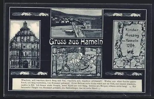 AK Hameln, Rattenfängerhaus, Teilansicht mit Brücke, Kinderauszug zu Hameln 1284