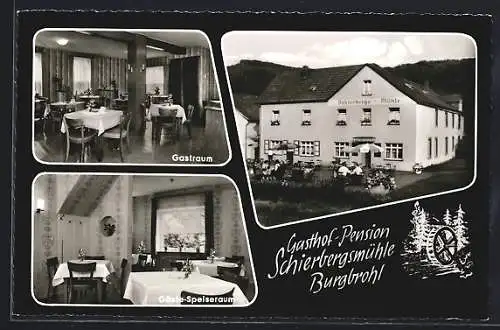 AK Burgbrohl, Gasthof-Pension Schierbergsmühle, Innenansichten Gastraum und Gäste-Speiseraum