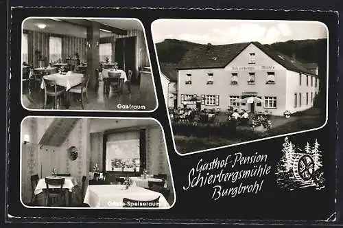 AK Burgbrohl, Gasthof-Pension Schierbergsmühle, Innenansichten Gastraum und Gäste-Speiseraum