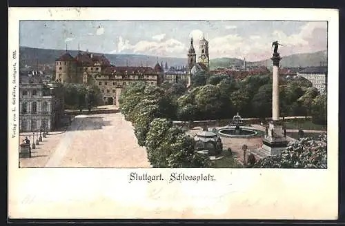 AK Stuttgart, Schlossplatz mit Denkmal