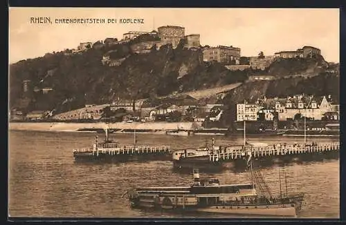 AK Koblenz /Rhein, Festung Ehrenbreitstein mit Dampfern