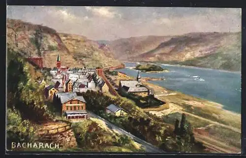 Künstler-AK Bacharach, Ortsansicht aus der Vogelschau