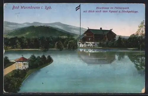 AK Bad Warmbrunn i. Rgb., Blockhaus im Füllnerpark mit Blick nach dem Kynast und Hochgebirge