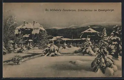 AK Schreiberhau im Riesengebirge, Dr. Wilhelm`s Sanatorium im Schnee