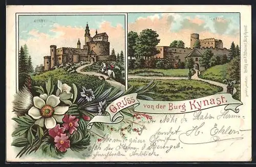 Lithographie Hermsdorf, Ansichten der Burg Kynast einst und jetzt